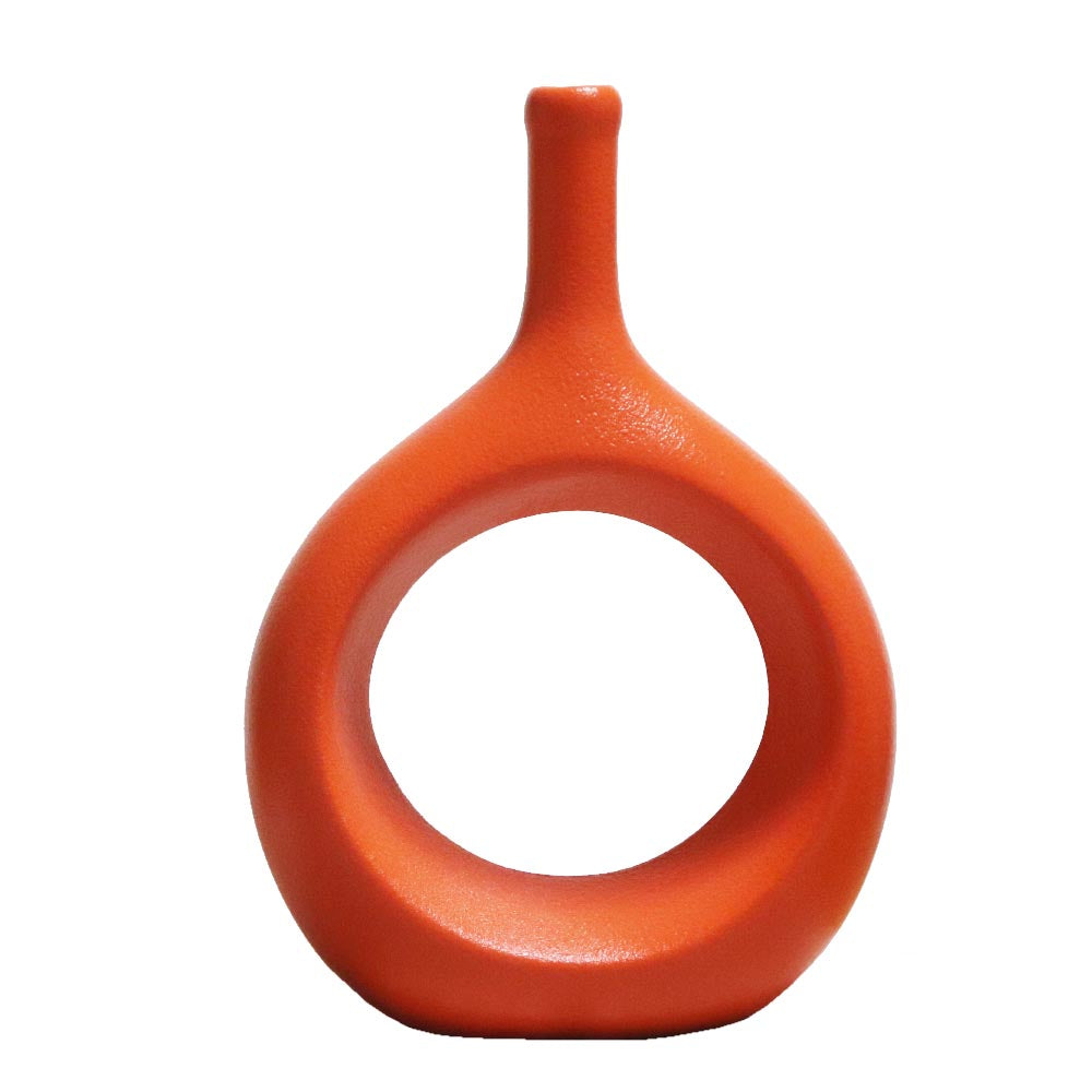 リングベース おしゃれなドーナツ型花瓶 北欧風インテリアに合う花器 一輪挿し 陶器製 フラワーベース オレンジ 製品サイズ:約17x24x7cm