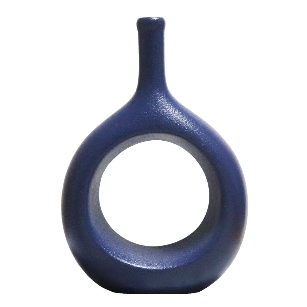 リングベース おしゃれなドーナツ型花瓶 北欧風インテリアに合う花器 一輪挿し 陶器製 フラワーベース ネイビー 製品サイズ:約17x24x7cm