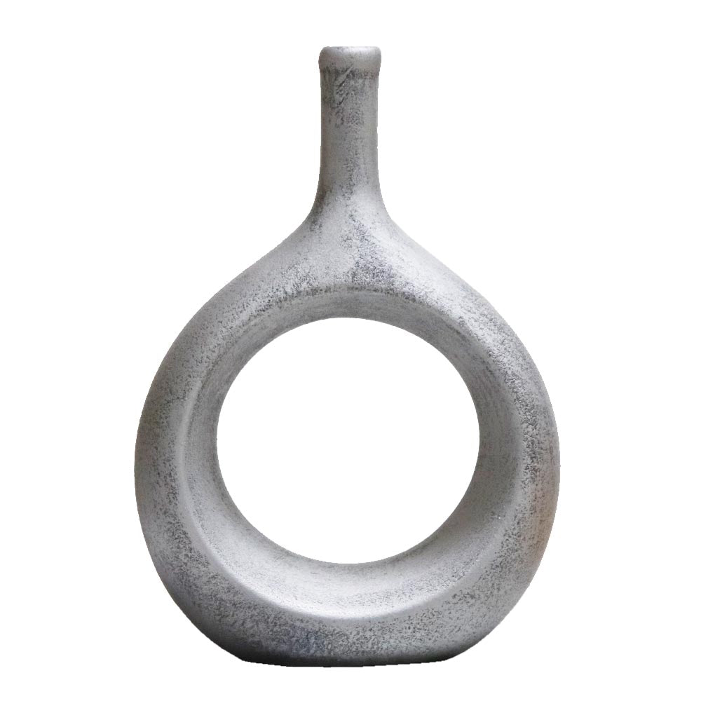 リングベース おしゃれなドーナツ型花瓶 北欧風インテリアに合う花器 一輪挿し 陶器製 フラワーベース シルバー 製品サイズ:約17x24x7cm