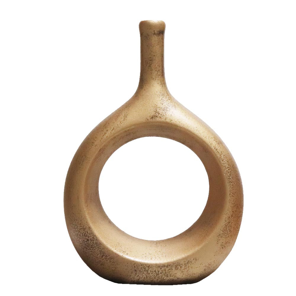 リングベース おしゃれなドーナツ型花瓶 北欧風インテリアに合う花器 一輪挿し 陶器製 フラワーベース ゴールド 製品サイズ:約17x24x7cm