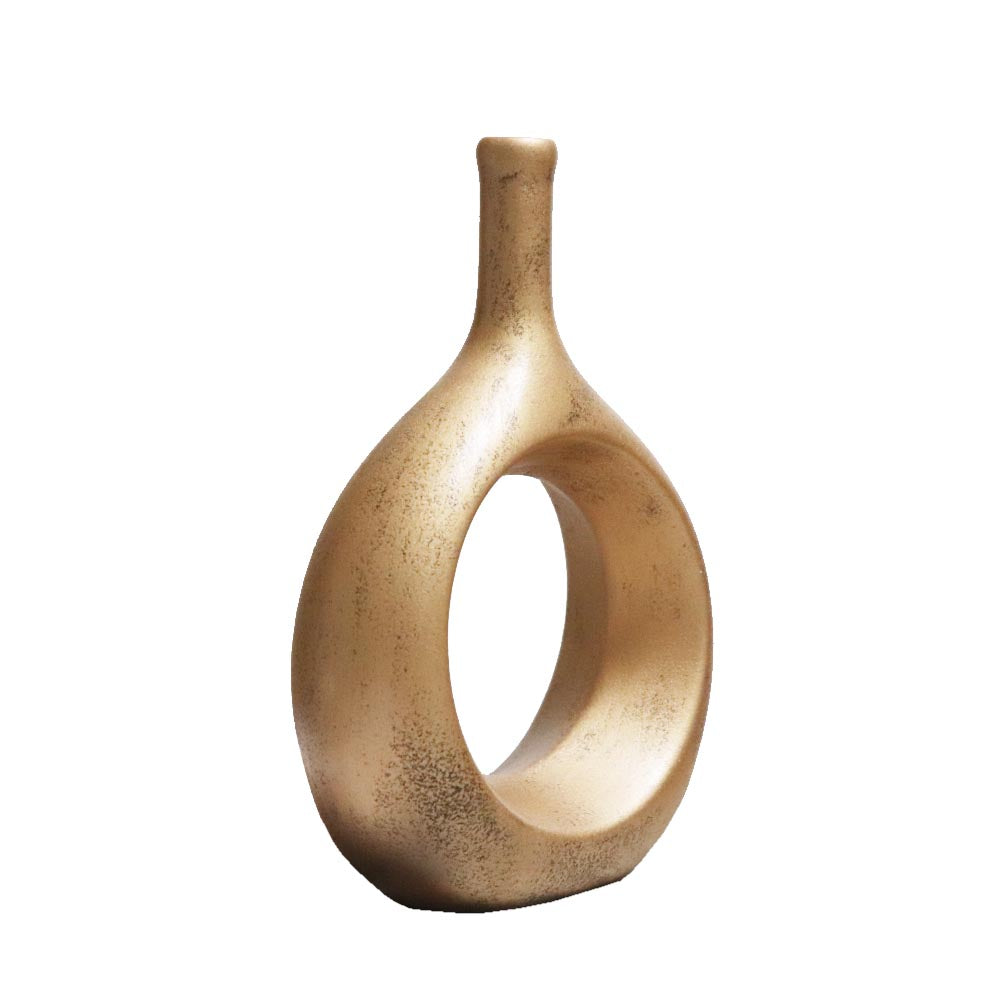 リングベース おしゃれなドーナツ型花瓶 北欧風インテリアに合う花器 一輪挿し 陶器製 フラワーベース ゴールド 製品サイズ:約17x24x7cm