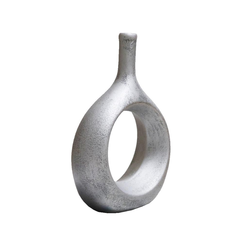 リングベース おしゃれなドーナツ型花瓶 北欧風インテリアに合う花器 一輪挿し 陶器製 フラワーベース シルバー 製品サイズ:約17x24x7cm