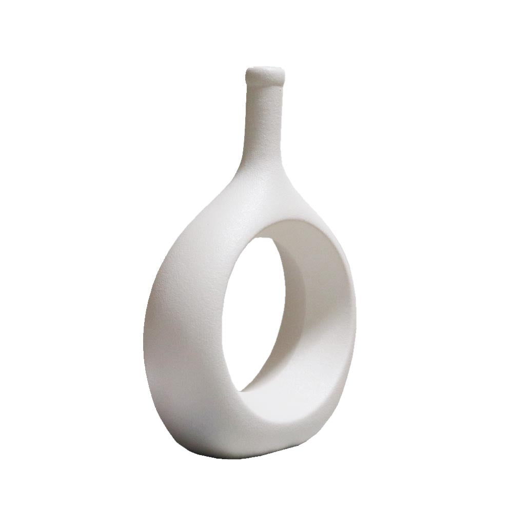 リングベース おしゃれなドーナツ型花瓶 北欧風インテリアに合う花器 一輪挿し 陶器製 フラワーベース ホワイト 製品サイズ:約17x24x7cm