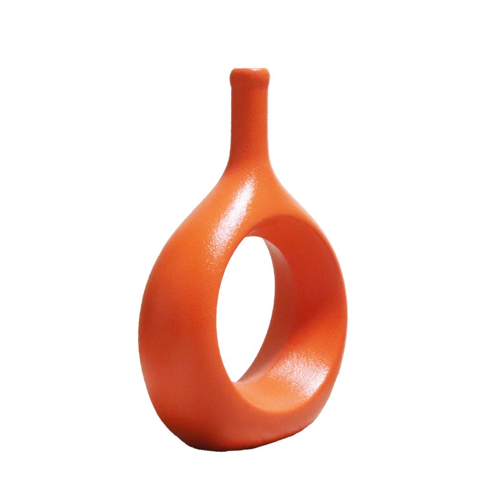 リングベース おしゃれなドーナツ型花瓶 北欧風インテリアに合う花器 一輪挿し 陶器製 フラワーベース オレンジ 製品サイズ:約17x24x7cm