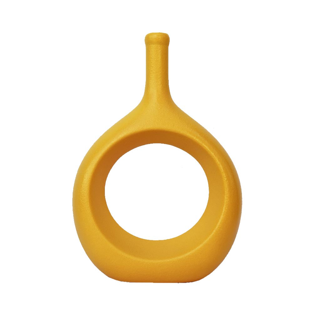 リングベース おしゃれなドーナツ型花瓶 北欧風インテリアに合う花器 一輪挿し 陶器製 フラワーベース イエロー 製品サイズ:約17x24x7cm