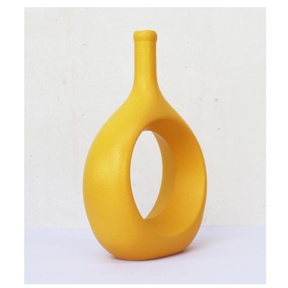 リングベース おしゃれなドーナツ型花瓶 北欧風インテリアに合う花器 一輪挿し 陶器製 フラワーベース イエロー 製品サイズ:約17x24x7cm