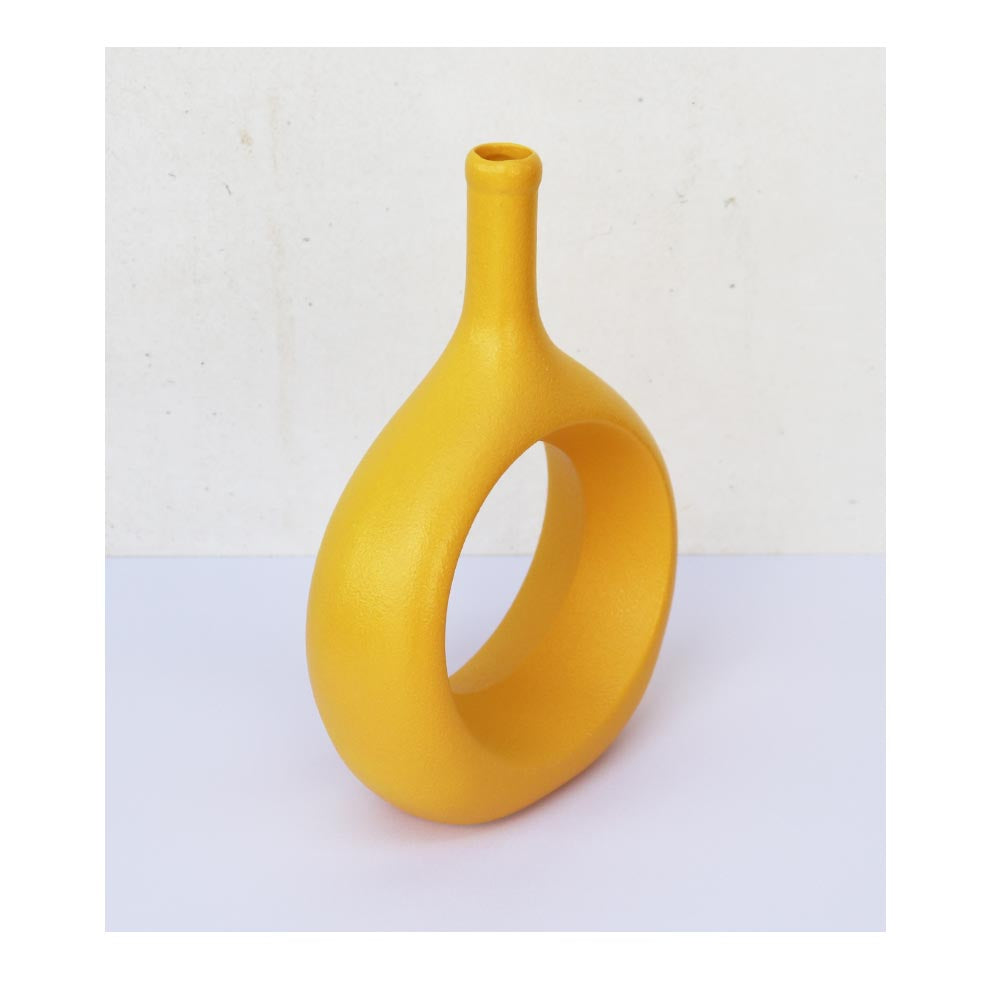 リングベース おしゃれなドーナツ型花瓶 北欧風インテリアに合う花器 一輪挿し 陶器製 フラワーベース イエロー 製品サイズ:約17x24x7cm