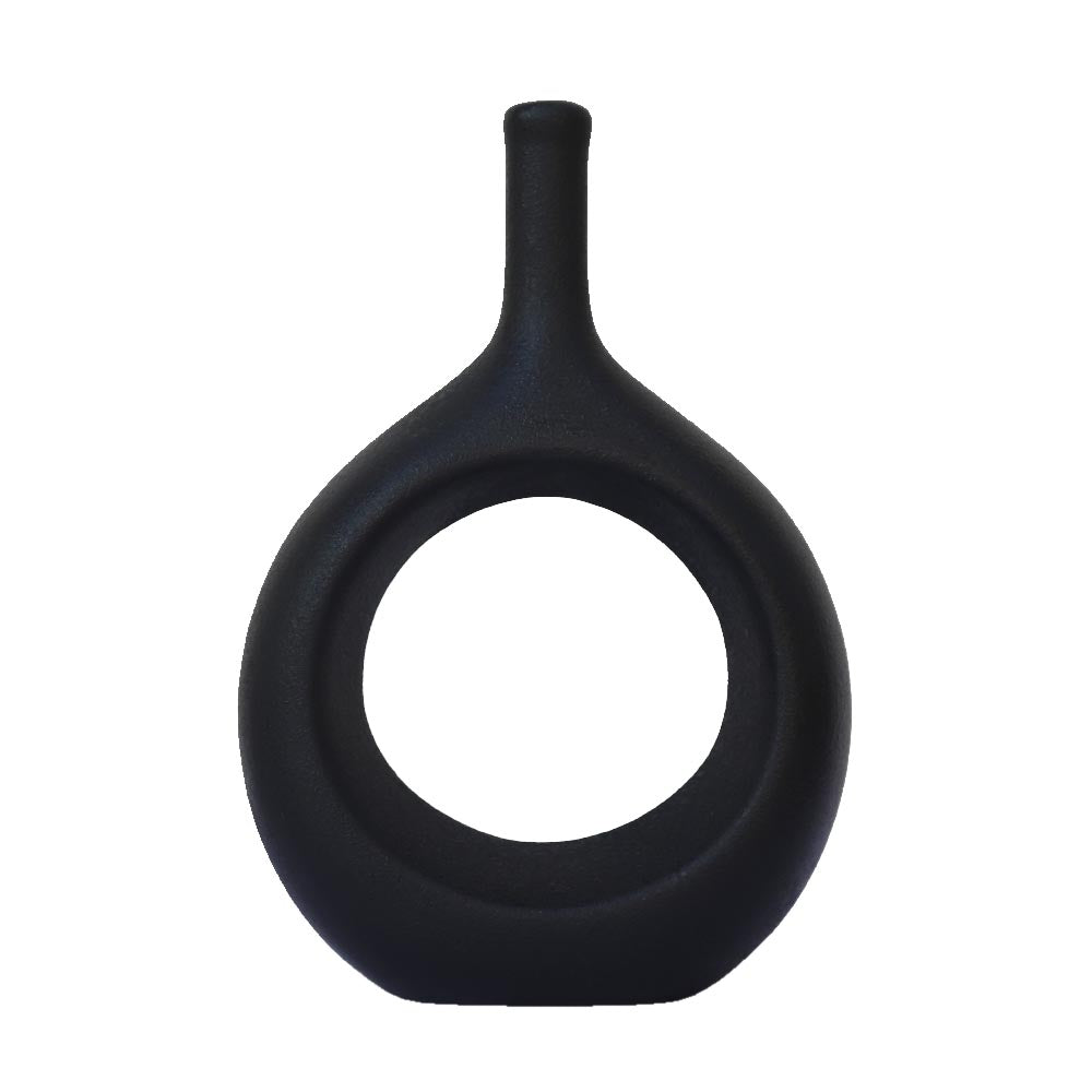 リングベース おしゃれなドーナツ型花瓶 北欧風インテリアに合う花器 一輪挿し 陶器製 フラワーベース ブラック 製品サイズ:約17x24x7cm
