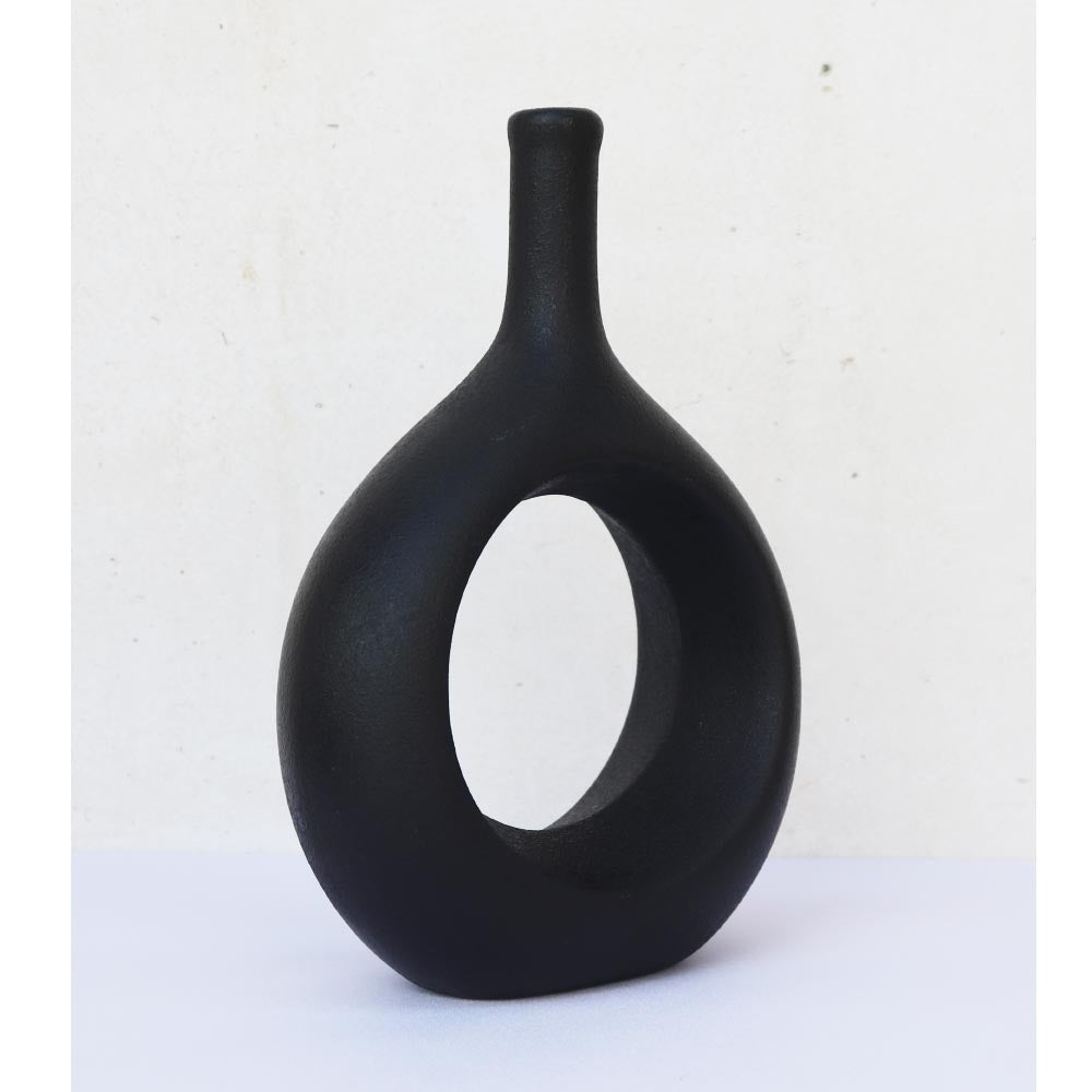 リングベース おしゃれなドーナツ型花瓶 北欧風インテリアに合う花器 一輪挿し 陶器製 フラワーベース ブラック 製品サイズ:約17x24x7cm