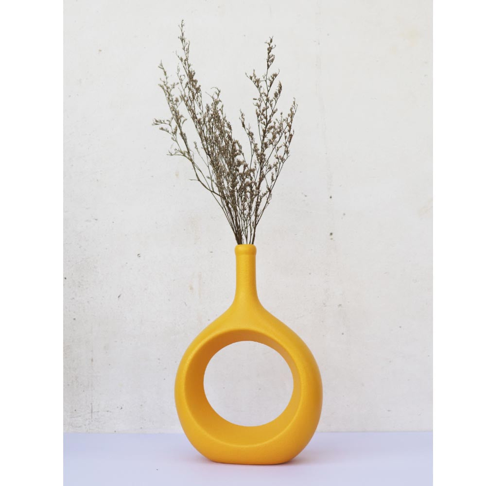 リングベース おしゃれなドーナツ型花瓶 北欧風インテリアに合う花器 一輪挿し 陶器製 フラワーベース イエロー 製品サイズ:約17x24x7cm