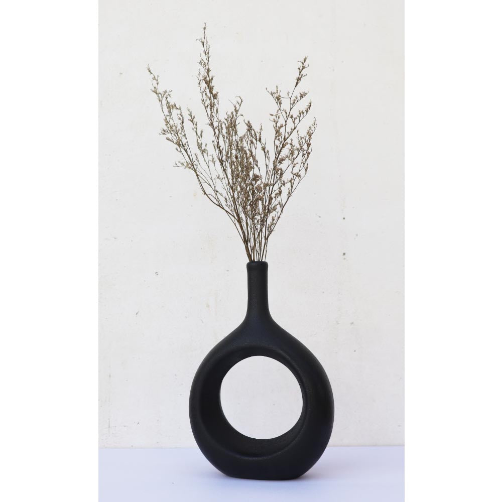 リングベース おしゃれなドーナツ型花瓶 北欧風インテリアに合う花器 一輪挿し 陶器製 フラワーベース ブラック 製品サイズ:約17x24x7cm