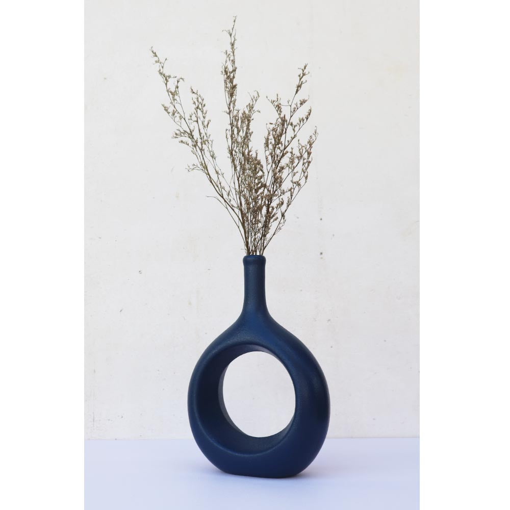 リングベース おしゃれなドーナツ型花瓶 北欧風インテリアに合う花器 一輪挿し 陶器製 フラワーベース ネイビー 製品サイズ:約17x24x7cm