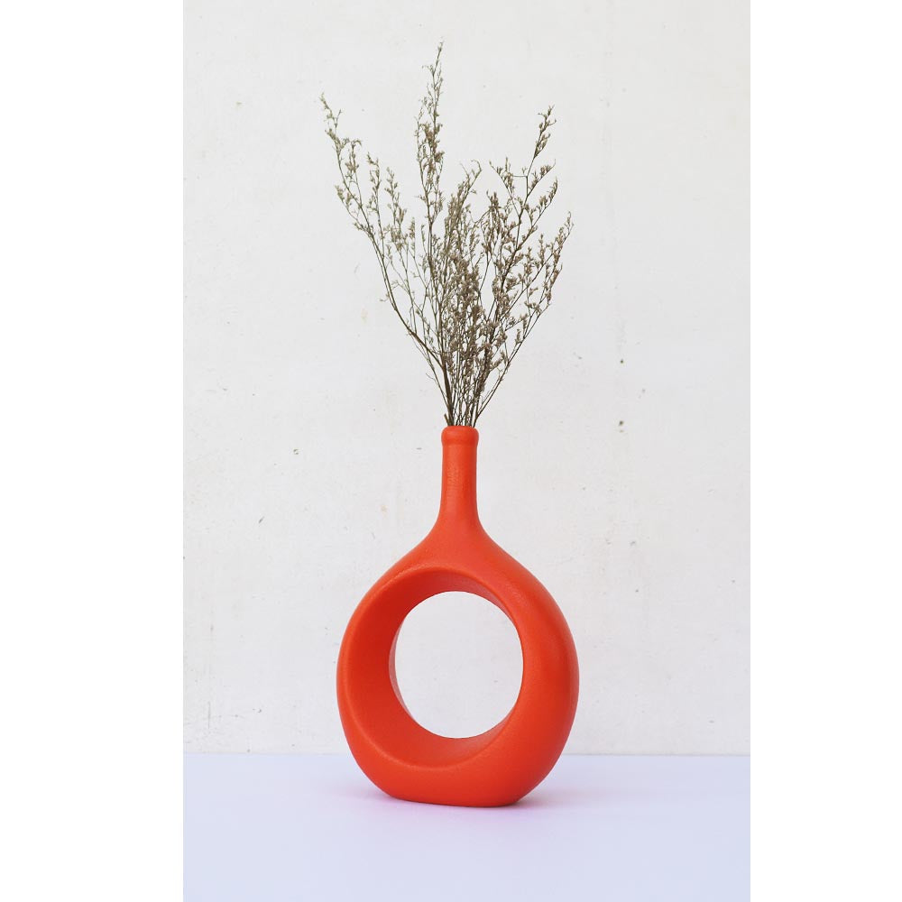 リングベース おしゃれなドーナツ型花瓶 北欧風インテリアに合う花器 一輪挿し 陶器製 フラワーベース オレンジ 製品サイズ:約17x24x7cm