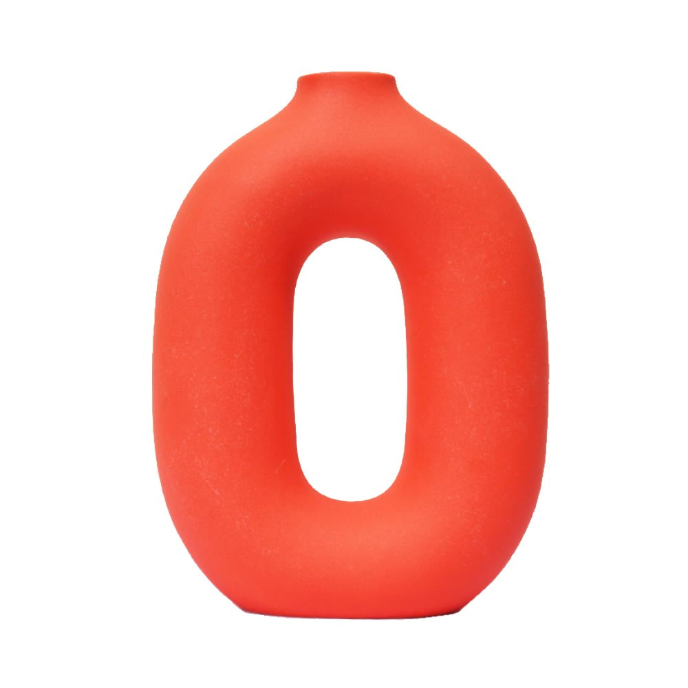 リングベース おしゃれなドーナツ型花瓶 北欧風インテリアに合う花器 一輪挿し 陶器製 シンプル&スタイリッシュ フラワーベース オレンジ 高さ約23cm