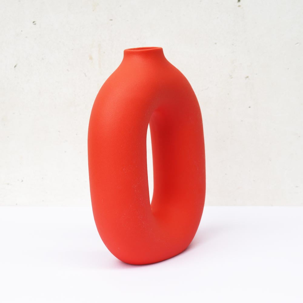 リングベース おしゃれなドーナツ型花瓶 北欧風インテリアに合う花器 一輪挿し 陶器製 シンプル&スタイリッシュ フラワーベース オレンジ 高さ約23cm