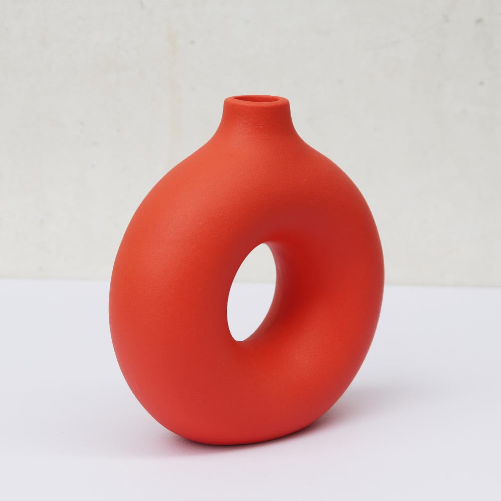 リングベース おしゃれなドーナツ型花瓶 北欧風インテリアに合う花器 一輪挿し 陶器製 シンプル&スタイリッシュ フラワーベース オレンジ 高さ約19cm