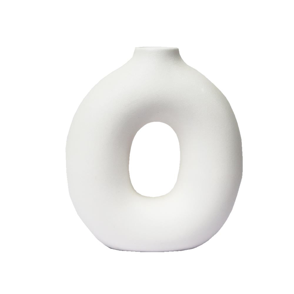 リングベース おしゃれなドーナツ型花瓶 北欧風インテリアに合う花器 一輪挿し 陶器製 シンプル&スタイリッシュ フラワーベース ホワイト 高さ約19cm