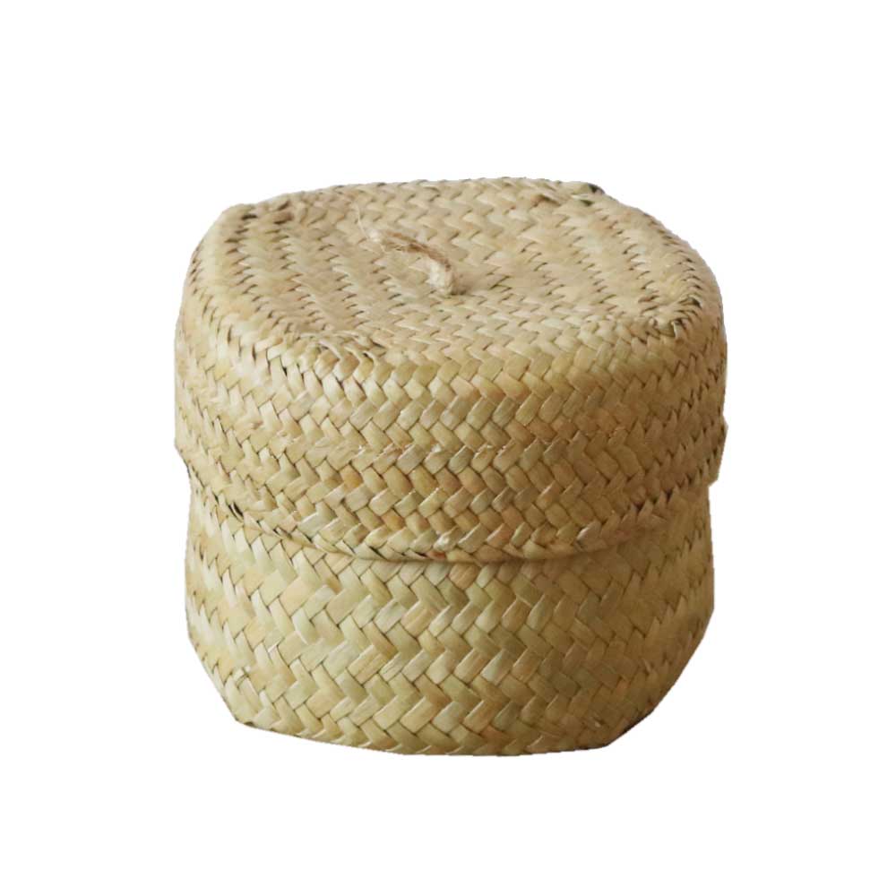 草編み収納かご 蓋付き 小物入れ ミニバスケット 約12×12×10cm 卓上収納 インテリア雑貨 ナチュラル