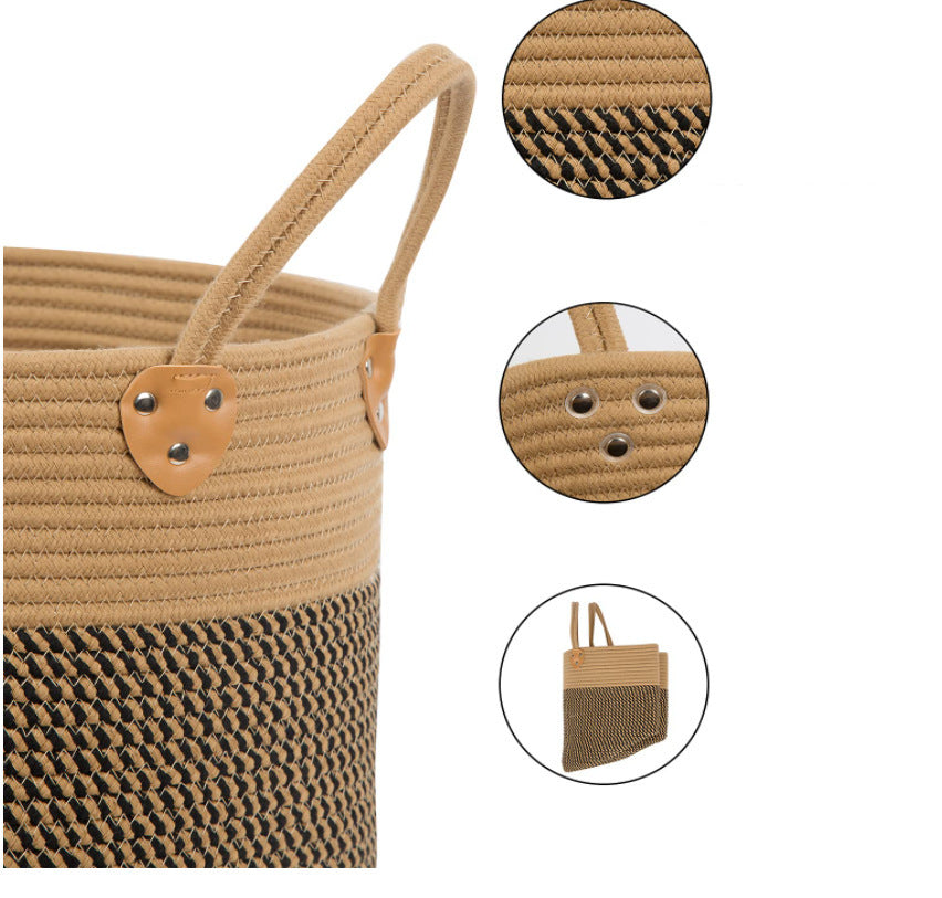 ロープバスケット かご・収納 衣類・洗濯物・植物収納に コットンロープ製おしゃれ収納バスケット 製品寸法:36x36x30cm(持ち手を含めた高さ35cm)