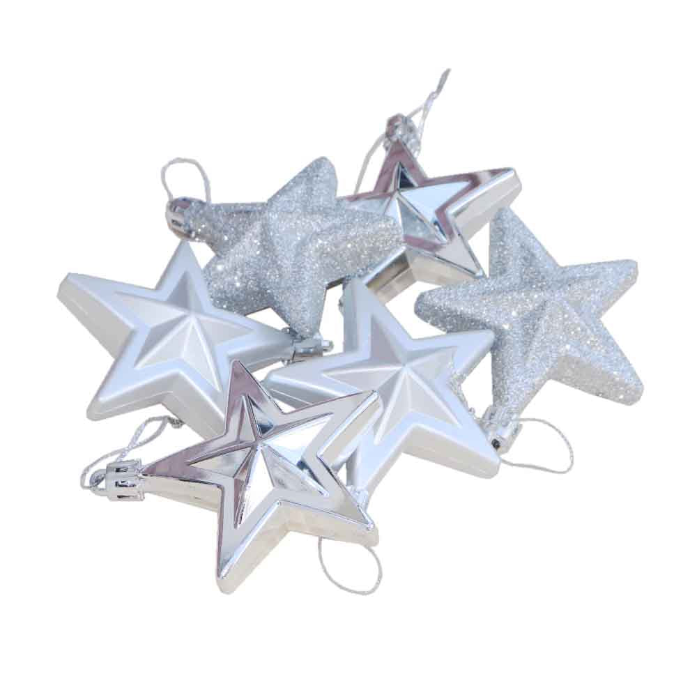 クリスマスボール 星形 6個セット オーナメント クリスマスツリー 飾り付け ディスプレイ シルバー 1個の大きさ:約6.5x6.5x3cm