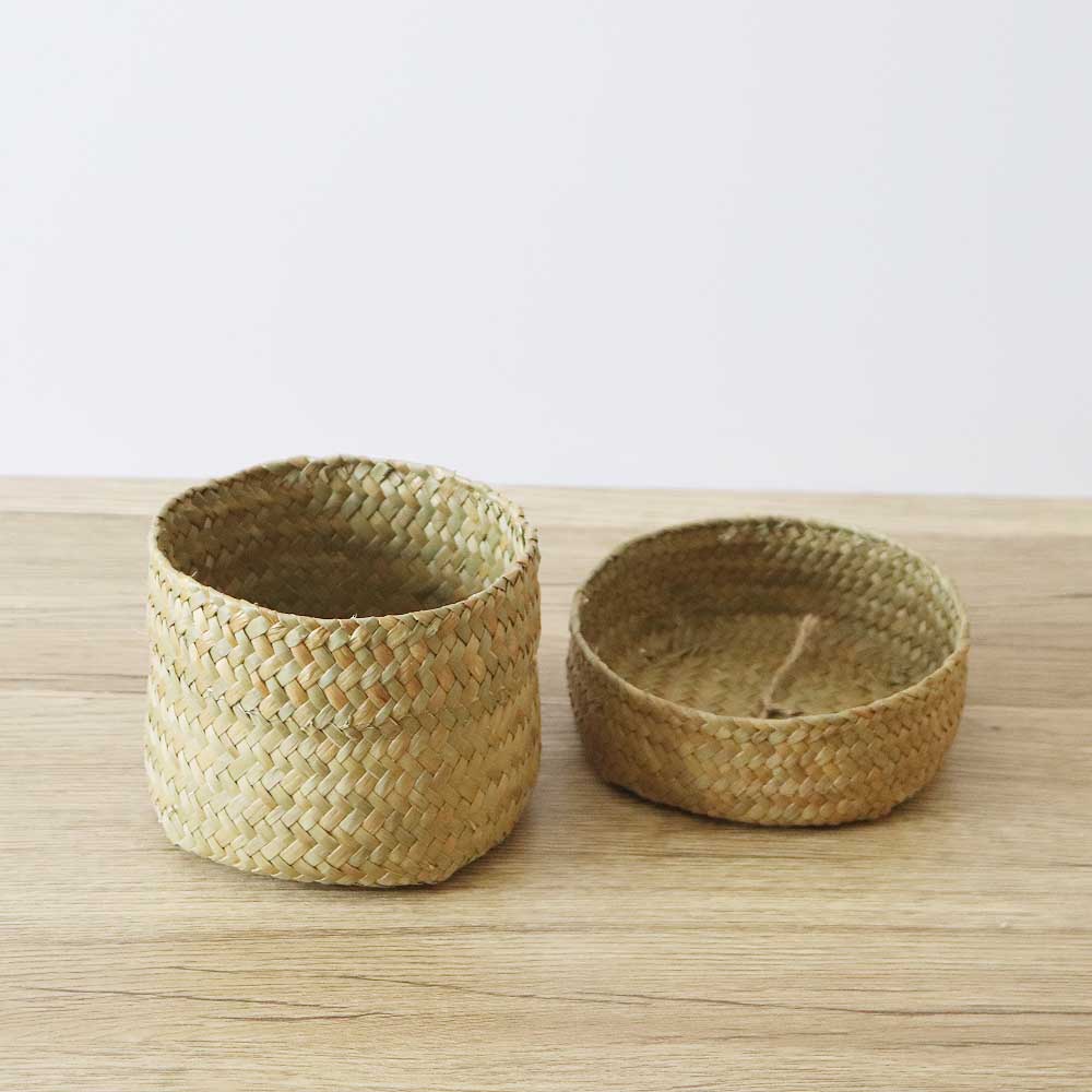 草編み収納かご 蓋付き 小物入れ ミニバスケット 約12×12×10cm 卓上収納 インテリア雑貨 ナチュラル